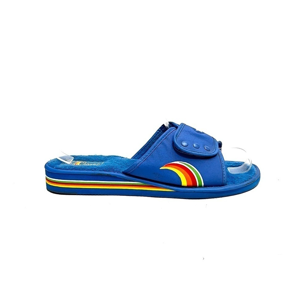 Vintage 1970s blue nylon and terry cloth foam wedge Velcro slide style sandals